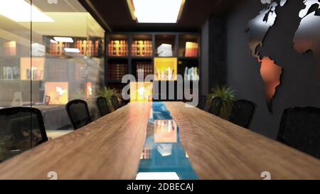 Moderner Tagungsraum im Büro mit Acryl-Holztisch und Bücherregal realistische Innenarchitektur Idee 3D-Rendering Stockfoto