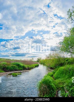 Schöne Landschaft Panorama eines kleinen Flusses mit Skirpus, Weide, Gras und Büsche an den Ufern gegen den blauen Himmel mit Wolken Stockfoto