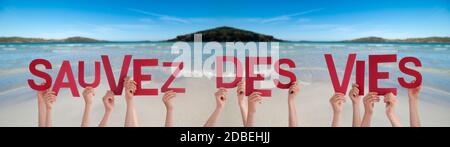 Menschen Hände Halten Bunte Französisch Wort Sauvez Des Vies Bedeutet Leben Retten. Meer Und Strand Als Hintergrund Stockfoto