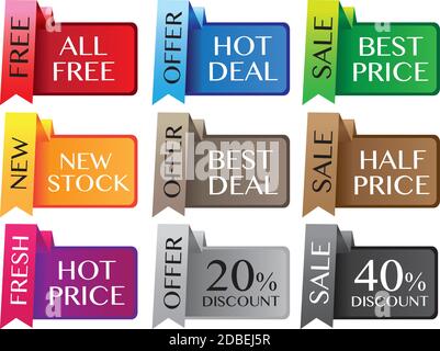 Papierständer Rabatt Etiketten mit verschiedenen Nachrichten. Vektorgrafik. Stock Vektor