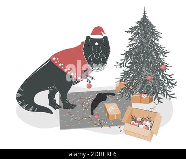 Cute T rex Dinosaurier mit einer spielenden Katze Dekoration Weihnachtsbaum. Tyrannosaurus Weihnachtshaus. Festlicher Winterdruck, Vektorgrafik Stock Vektor