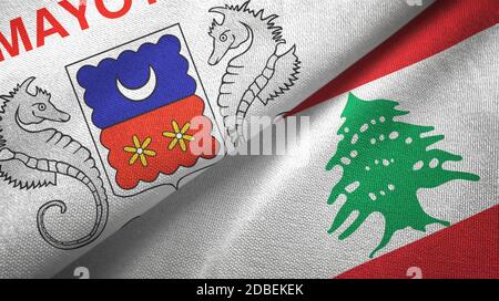 Mayotte und Libanon zwei Flaggen Textil-Tuch, Stoff Textur Stockfoto