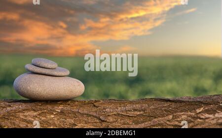 Balancesteine sind in einer Pyramidenform angeordnet, Stein auf grünem Naturhintergrund gestapelt. Stockfoto