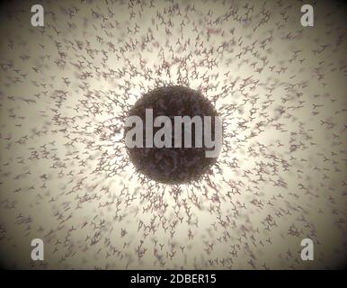 Immunologisches System, Antikörper, die das Virus Covid-19 angreifen. 3D-Darstellung, Konzept des Abwehrsystems des Körpers. Y-förmiger Antikörper, der den angreift Stockfoto