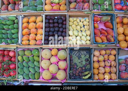 Obst wird in Tablett von Straßenhändler verkauft. Obsttabletts für den Verkauf von Mangos, Granatäpfel, Bananen, Pflaumen, Guave, Orangen. Frisches Obst im Geschäft. Stockfoto