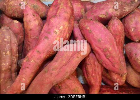 Süsse Kartoffeln Knollen auf dem Markt für Obst und Gemüse Naschmarkt in Wien - Österreich. Stockfoto