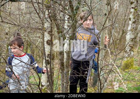 Brüder Jungen spielen draußen in der Natur natürlichen Wald im Frühjahr Mit Bäumen und Ästen vor Gesichtern digitale Entgiftung Concept Wales Großbritannien Stockfoto