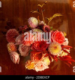 Florale Komposition aus Dahlia-Blüten, Rosen und Herbstblättern. Arty, leuchtend rot und rosa Farbe Bouquet von Blumen auf dunklem Hintergrund Stockfoto