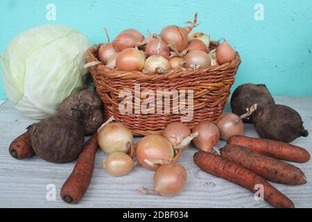 Zusammensetzung aus frischem saftigem Gemüse Herbst schöne Ernte Stockfoto