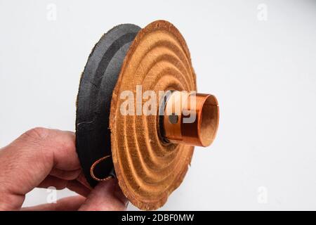 Das bewegliche System des Mitteltöners 20gds-3 der sowjetischen Produktion. Diffusor und Magnetspulenlautsprecher. Stockfoto