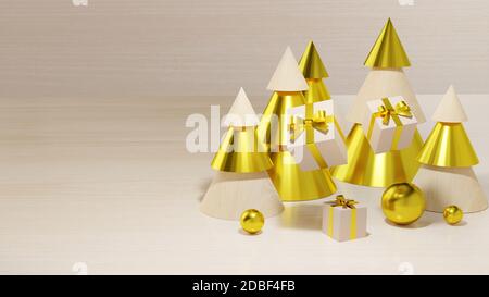 Weihnachtskomposition hölzerne goldene Weihnachtsbäume Ballons und Geschenke. 3D-Illustration Stockfoto