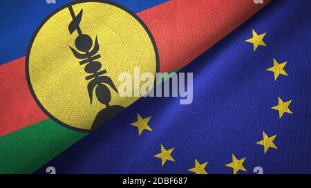 Neukaledonien und Europäische Union zwei Flaggen Textiltuch, Stoff Textur Stockfoto