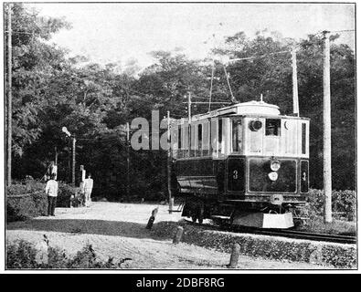 Elektrische Straßenbahn mit Oberleitung. Deutschland. Illustration des 19. Jahrhunderts. Weißer Hintergrund. Stockfoto