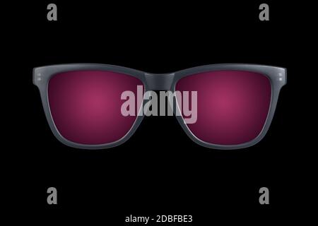Eine graue Sonnenbrille mit violetten Gläsern auf Schwarz Hintergrund Stockfoto