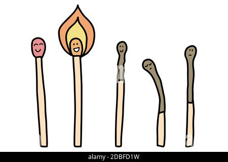 Cartoon Home Kitchen Matches Set. Sicherheitsmatch. Handgezeichnete Linien Cartoon Doodle Sammlung. Vektordarstellung Isolation auf weißem Hintergrund. Stock Vektor