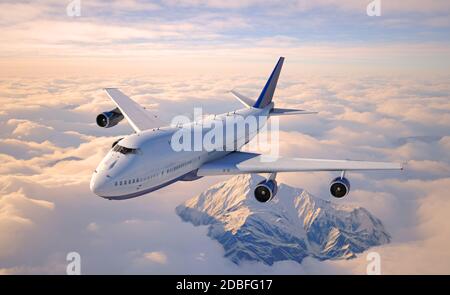 Passagierflugzeug, das über den Wolken fliegt. 3d-Darstellung. Stockfoto