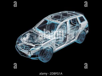 Technische 3d-Darstellung von SUV-Auto mit Röntgeneffekt und Fahrwerk-System. Perspektivische Ansicht auf schwarzem Hintergrund. Stockfoto