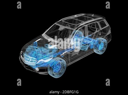 Technische 3d-Darstellung von SUV-Auto mit Röntgeneffekt und Antriebsstrang-System. Perspektivische Ansicht auf schwarzem Hintergrund. Stockfoto