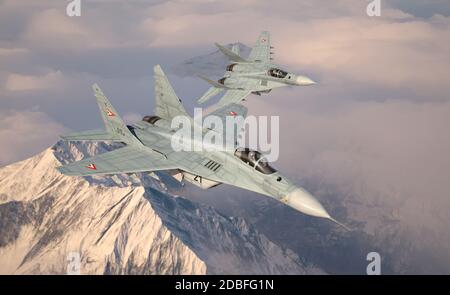 Militärjäger MiG 29, fliegen über den Wolken. Zwei Flugzeuge. 3d-Darstellung. Stockfoto