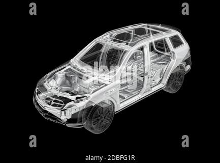 Technische 3d-Darstellung von SUV-Auto mit Röntgeneffekt und Fahrwerk-System. Perspektivische Ansicht auf schwarzem Hintergrund. Stockfoto