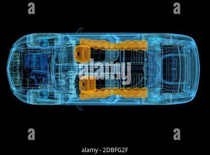 Technische 3d-Darstellung von SUV-Auto mit Röntgeneffekt und Airbags System. Draufsicht auf schwarzem Hintergrund. Stockfoto