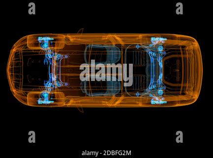 Technische 3d-Darstellung von SUV-Auto mit Röntgeneffekt. Bremsen und Federungssysteme. Draufsicht auf schwarzem Hintergrund. Stockfoto
