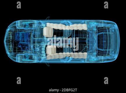 Technische 3d-Darstellung von SUV-Auto mit Röntgeneffekt und Airbags System. Draufsicht auf schwarzem Hintergrund. Stockfoto