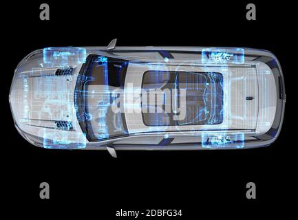 Technische 3d-Darstellung von SUV-Auto mit Röntgeneffekt. Draufsicht auf schwarzem Hintergrund. Stockfoto