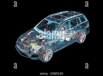 Technische 3d-Darstellung von SUV-Auto mit Röntgeneffekt und Antriebsstrang-System. Perspektivische Ansicht auf schwarzem Hintergrund. Stockfoto