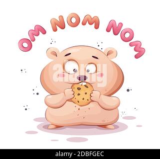 Stock Vektor niedlich Hamster essen Cookies. Lustige Hamster Zeichentrickfigur. Poster, Druck. Vektorgrafik Stock Vektor