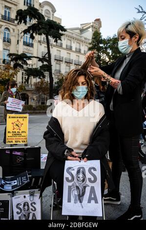 Madrid, Spanien. November 2020. Friseure protestierten vor dem spanischen Parlament und forderten niedrigere Steuern. Die tatsächlichen Steuern für Friseure und Schönheitssalons liegen bei 21%, die Arbeiter fordern die 10%, um Betriebe eines Sektors zu retten, der von der Coronavirus-Pandemie (COVID-19) schwer getroffen wurde. Quelle: Marcos del Mazo/Alamy Live News Stockfoto