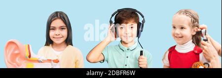 Kinder Höruntersuchung und Behandlung. Gemischte Rasse Gruppe von Kindern hat Hördiagnostik.Audiometrie, Ohr-Test mit Otoskop Stockfoto