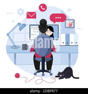 Telearbeit Konzept mit Frau in Videoanruf Vektor Illustration Stock Vektor