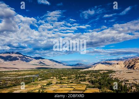 Himalaya-Landschaft des historischen Indus Tal von Karakoram Bereich der Himalaya-Berge umgeben. Blick vom buddhistischen Tempel Thiksey gompa. Uraltes civ Stockfoto