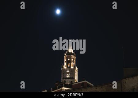 Nachtaufnahme des Parks gegen Himmel und Mond mit Gothic Glockenturm und Blätter Stockfoto