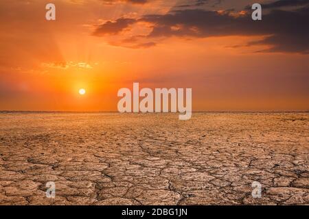 Global worming Konzept - Cracked verbrannten Erde Boden Dürre Wüste Landschaft dramatische Sonnenuntergang Stockfoto