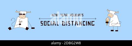 Neujahr 2021. Essen während Coronavirus COVID-19 Isolation. Soziale Distanzierung Infografik mit niedlichen Kawaii Zeichen. Weißer Ochse, Stier Stock Vektor
