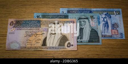 Jordanischer Dinar. Jordanische Banknoten in Landeswährung. Stockfoto