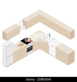 Isometrische moderne Küche Interieur. Möbel und Küchengeräte.Schränke Regale Utensilien Backofen und Dunstabzugshaube realistisch Stock Vektor