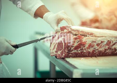 Der Metzger schneidet Wagyu-Rindfleisch in einem Schlachthof Stockfoto