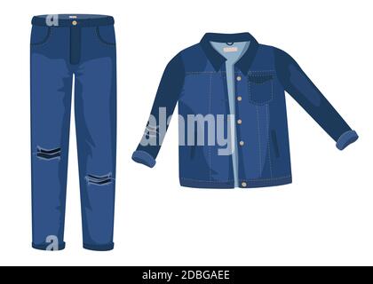 Jeans-Kleidung. Trendy Mode gerissen Denim Freizeit Kleidung Vektor Illustration, Jeans Outfit Kleidungsstücke Modelle auf weißem Hintergrund isoliert Stock Vektor