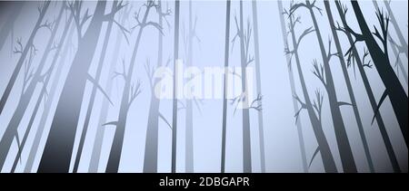 Vektor Hintergrund von dunklem Wald bei Sonnenaufgang. Vektorgrafik Wald Dämmerung. Bäume und Äste horizontal nahtloses Muster. Bild „Foresty Trunk“ Stock Vektor