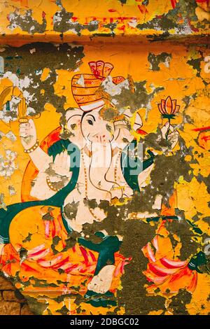Ganesh Ganesha Indischer hinduistischer gott Bild auf Wand gemalt. Jaiasalmer, Rajasthan, Indien Stockfoto