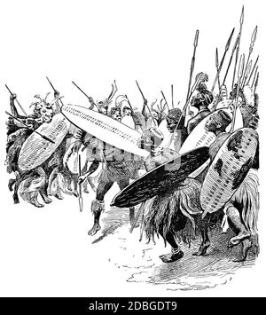 Zulu-Leute, die traditionellen Kriegertanz aufführen. Illustration des 19. Jahrhunderts. Weißer Hintergrund. Stockfoto