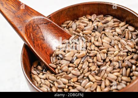 Segened Milch Distel Samen - Silybum marianum - in kleinen hölzernen Tasse mit Schaufel auf weißem Brett, Nahaufnahme Detail. Stockfoto