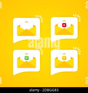 Umschlag und Dokument mit Häkchen, Kreuz und Ausrufezeichen geöffnet. Vektor auf isoliertem Hintergrund. EPS 10 Stock Vektor