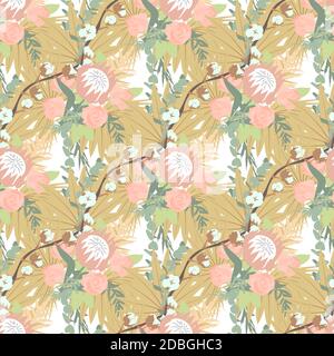 Florales Boho-Nahtloses Muster mit tropischen Blumen und Blättern. Stock Vektor