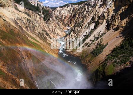 Leuchtender Regenbogen über dem Grand Canyon des Yellowstone Stockfoto