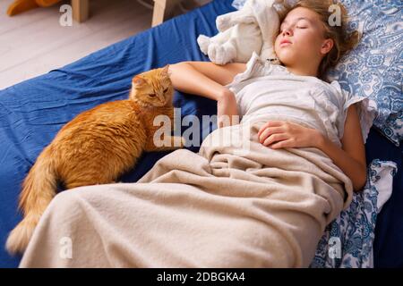 Ein Mädchen mit blonden Haaren schläft morgens im Bett neben einer flauschigen roten Katze. Weicher, freier Fokus. Stockfoto