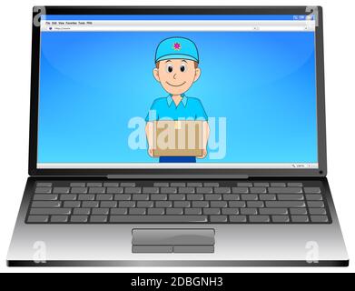 Laptop-Computer mit freundlichem Kurier liefert ein Paket auf blauem Desktop - 3D-Illustration Stockfoto